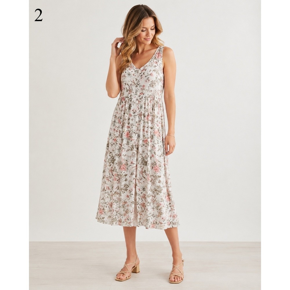 Frye Cottagecore Romantic Floral Dress Button Front White Pink Size M